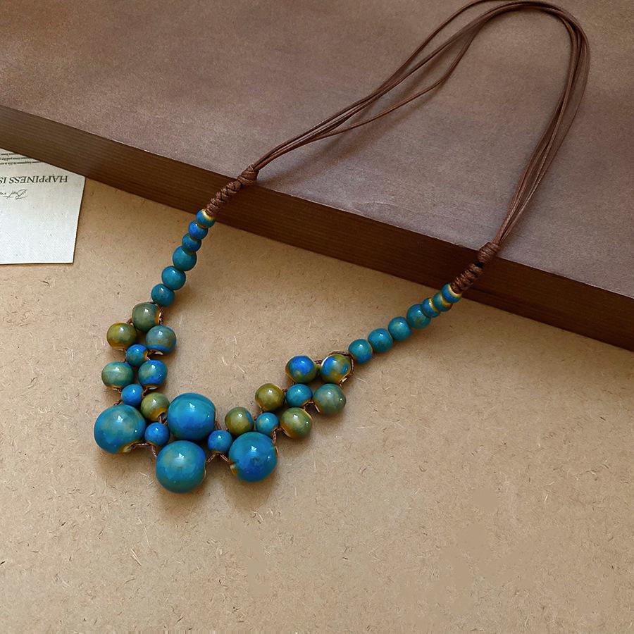 Retro Ceramic Glazed Stone Heart Pendant Necklace - Elegant Fashion for Women