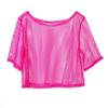 Women Fishnet T-Shirt Hollow Out Solid Color Loose Round Neck Three Quarter Sleeve Pullover See-through Nightclub Party Dance Top