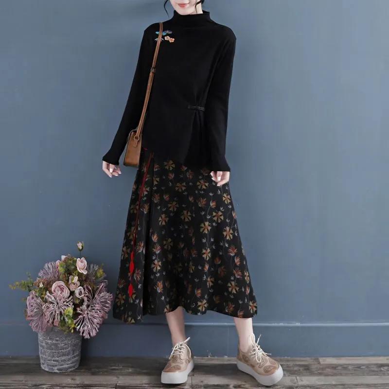 Half-high Collar Thin Velvet Bottoming Shirt Women's Retro Embroidery Autumn and Winter Chinese Style Waist Buckle Long-sleeved Top