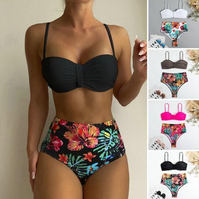 2 Pcs/Set Women Bikini Set Flower Print Low-cut Spaghetti Strap Padded