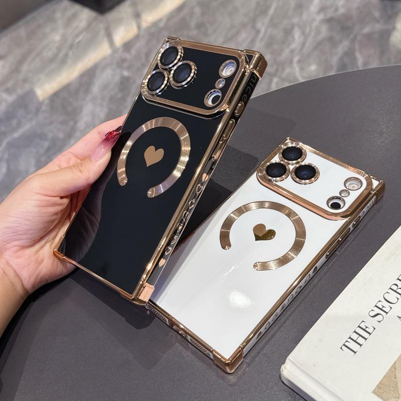 For For Iphone 17 Air Pro Max  Plating Love Heart Frame  Magnetic Phone Case For For Iphone 13 14 15 16 Plus Back Cover