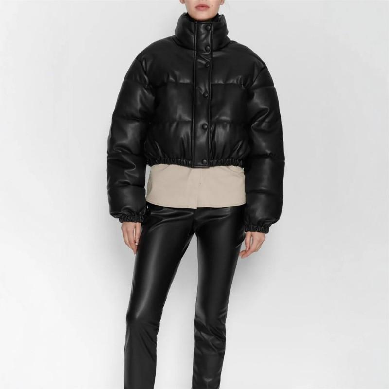 Womens Winter PU Faux Leather Padded Jacket Slim Fit Solid Color Casual Coat With Stand Collar