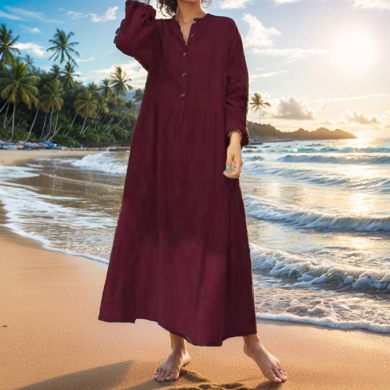 

Plus Size Women s Loose Long Dress - Stand Collar, Slit Long Sleeves, Large Hem 2X Large вино красного