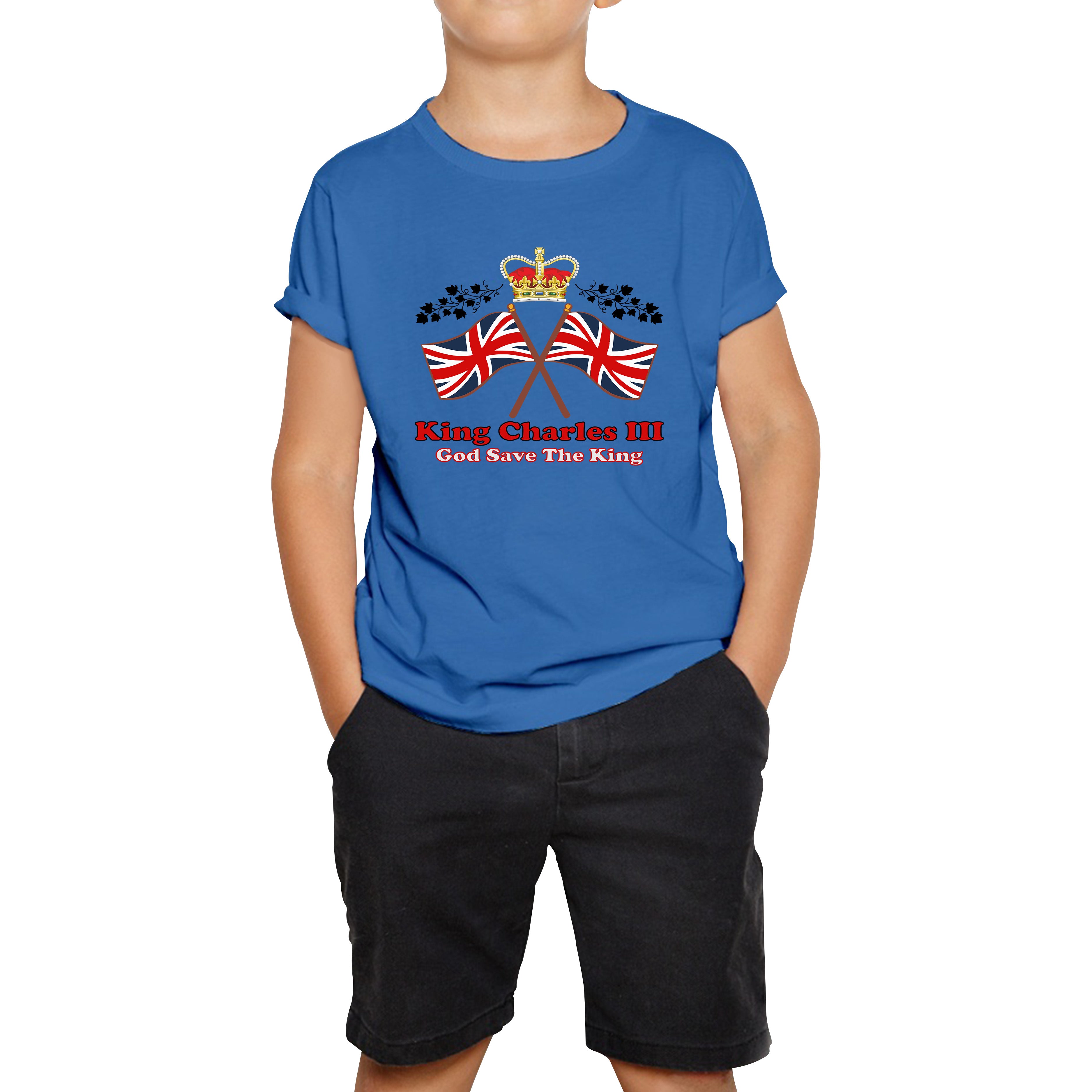 King Charles III Coronation God Save The King United Kingdom Flag Royal Crown CR III His Majesty Kids T Shirt 150