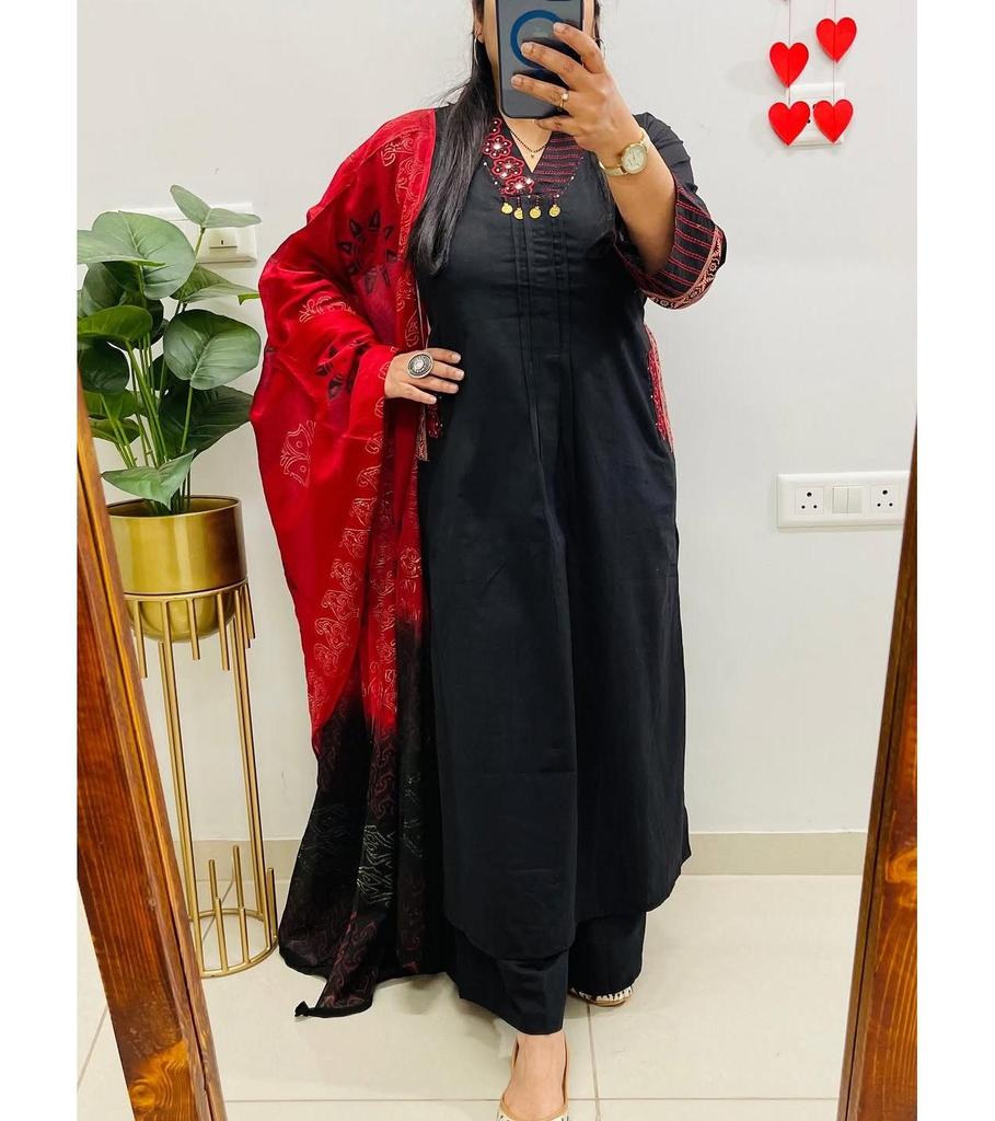 Beautiful V-neck Cotton Kurta Pant Dupatta Set Women Bollywood Top Tunic Salwar Suit