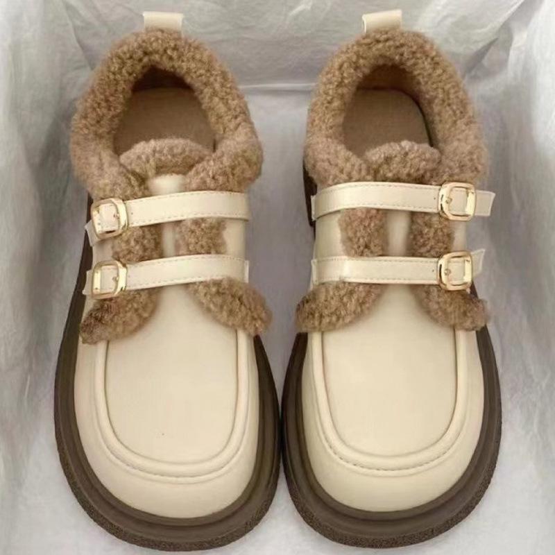 

Женские кожаные туфли Мэри Джейн - Зима 2024 Теплые, на бархатной подкладке, на толстой подошве, модная обувь 40