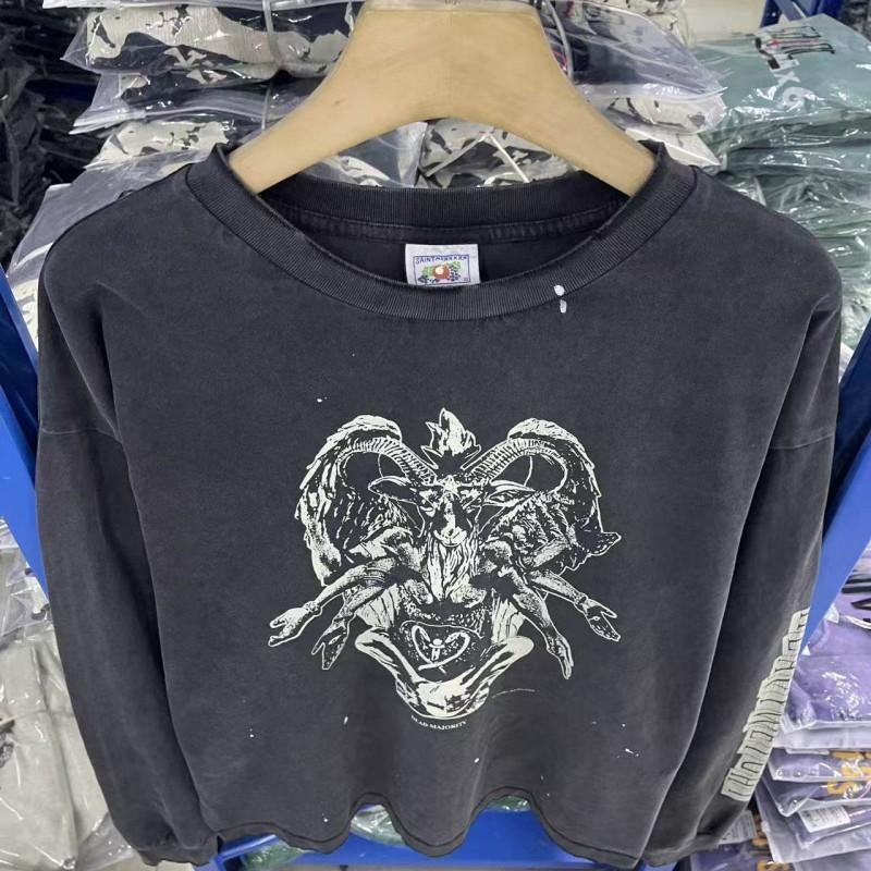 Mens Oversized Heavyweight Cotton Long Sleeve Tee With Distressed Graphic Print Streetwear Casual