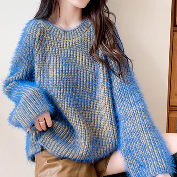 Autumn and Winter Pullover Sweater for Women Loose and Fashionable Thick Blue Knit Sweater for Women