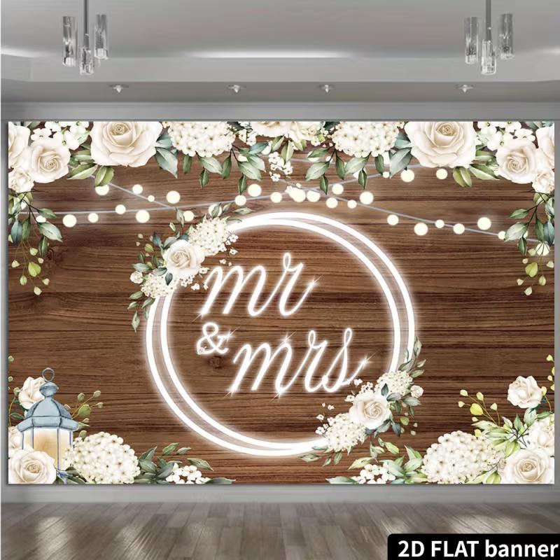 2D Mr & Mrs Wedding Banner, Rustic Wood White Floral Backdrop for Engagement & Wedding Party