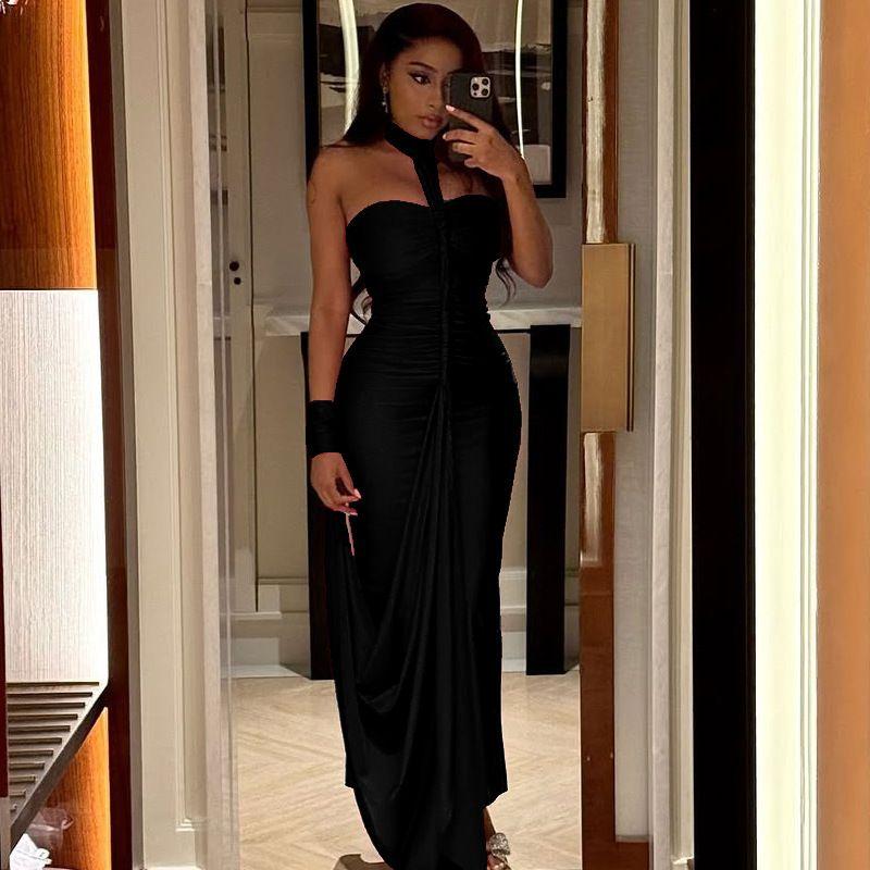 

Stylish Elegant Backless Shoelace Tube Top Bodycon Dress Ruched off-Neck Ribbon Hand Strap Banquet Formal Long Dress Black(The most Plus size weight 520 grams) L