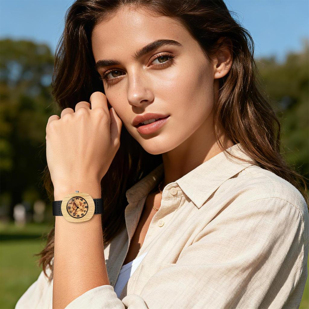 Watch with Bamboo Genuine Leather Arabic Wooden Dial with Quartz Analog Soft Leather Casual Business Stylish Gift Women's Design, Strap, Numerals,