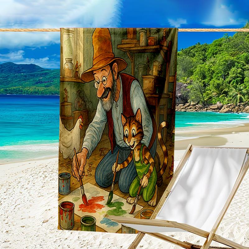 Ultra-Soft Beach Towel with Pettson and Findus Theme,Ideal for Pool - Camping, Diving - Perfect Travel Essential, Vibrant Beach Towel.