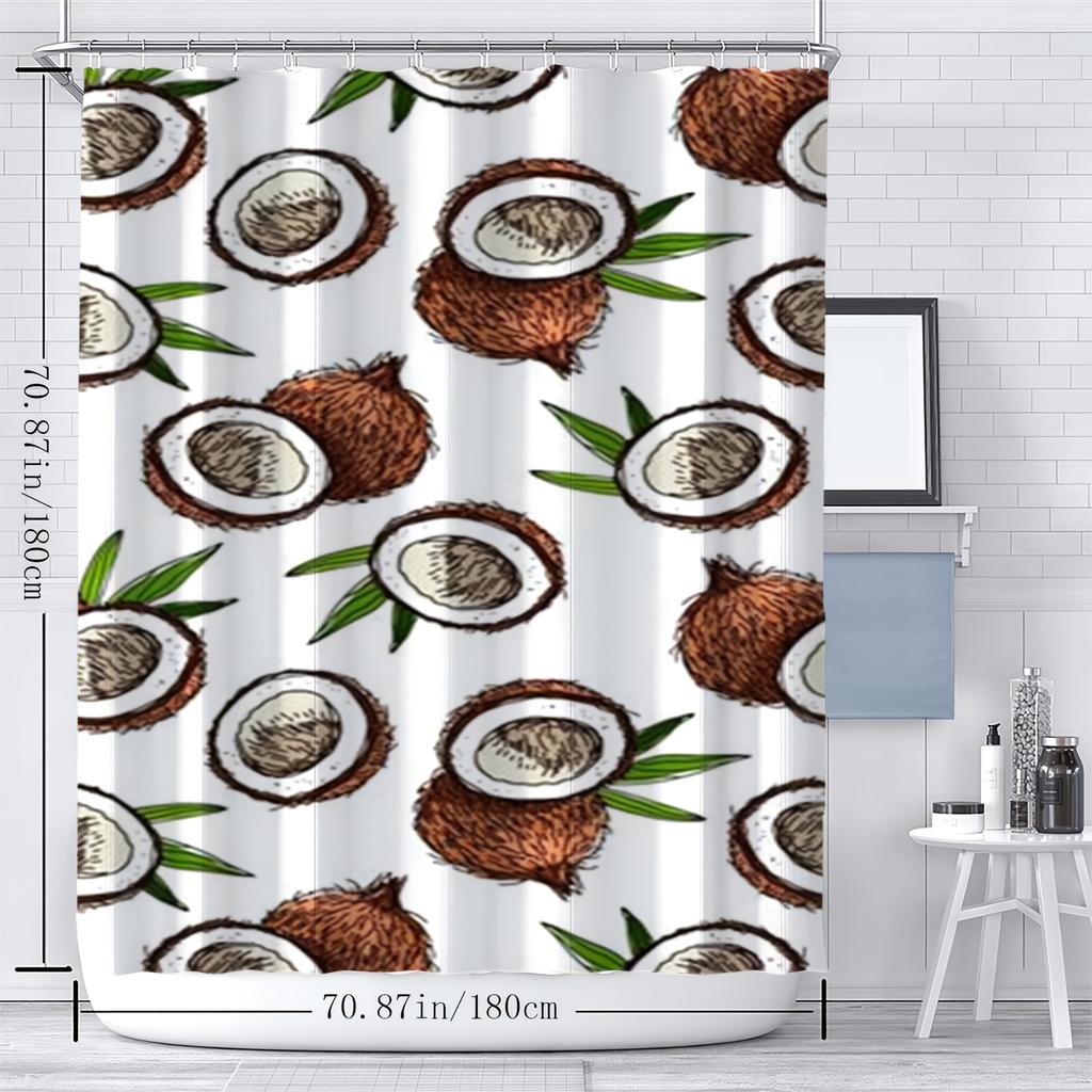 1 Piece Coconut Shell Print Shower Curtain Set - Double-Sided Polyester Fabric With Hooks, Tropical Art Theme, Polyester Fabric