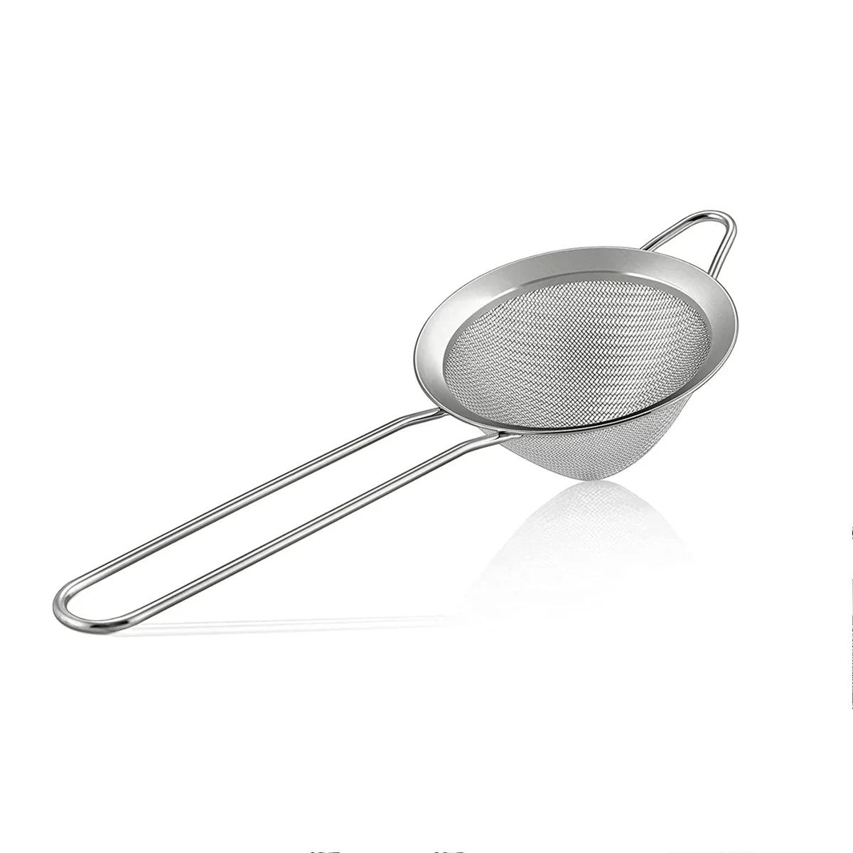

304 Stainless Steel Mesh Strainer Fine Tea Strainer Bar Cocktail Filter Long Handle Mesh Strainers Sieve Coffee Flours Strainer 23cm Length срібний
