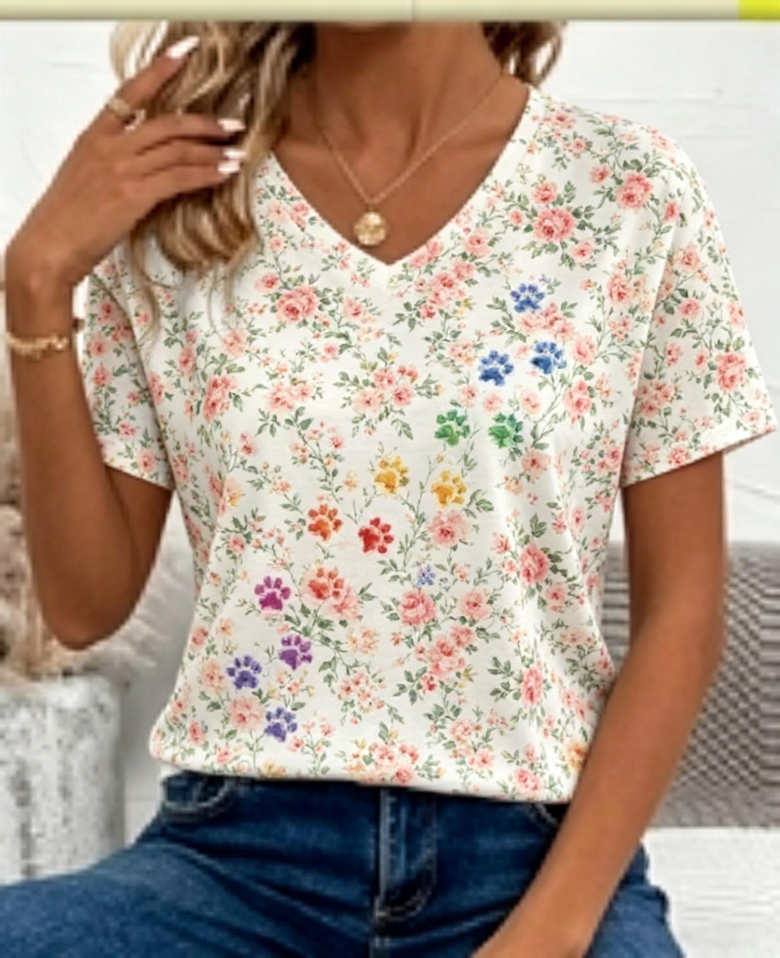 Color floral V-neck short-sleeved T-shirt women s casual loose summer versatile top S