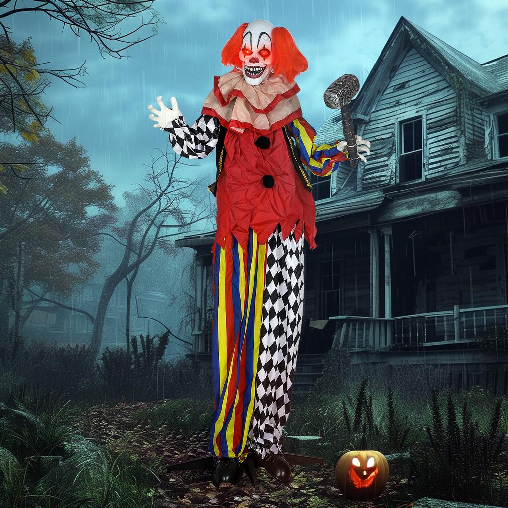 Creepy Clown, Halloween Animatronic, 173 Cm, Glowing Eyes, Sound Activation, Movable Arms and Head, Battery Operated, Plastic, Metal, Red