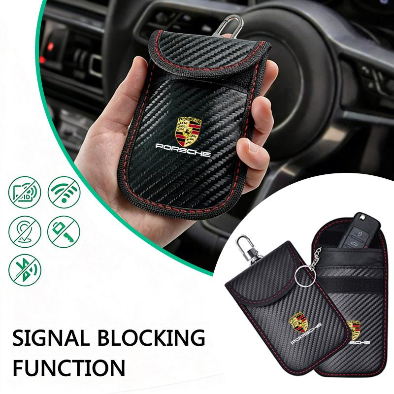 BMGB9 Pouzdro na klíče od auta Taška blokující signál Kapsa stínící RFID pro Porsche 718 Cayenne Panamera 911 Macan Taycan Cayman Boxster Samolepka