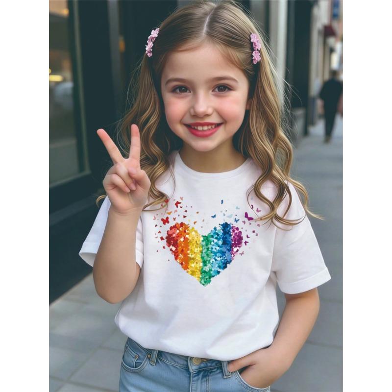 Kids Girls T-Shirt, Rainbow Heart & Butterfly Print Short Sleeve Casual Cotton Tee for Daily & Summer