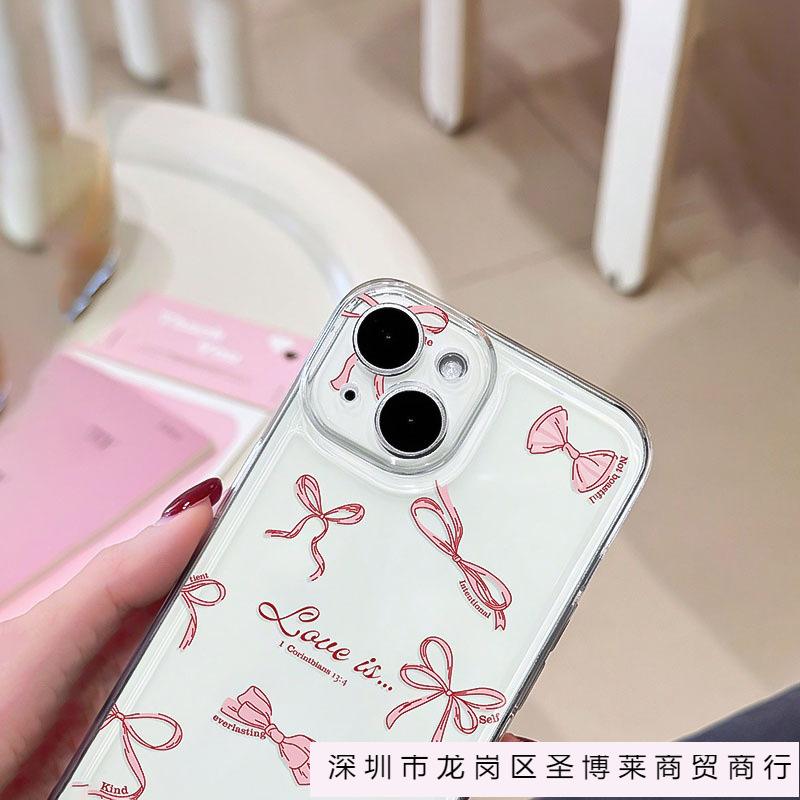 Pink bow iPhone15 mobile phone case 13Pro Apple 14 transparent TPU soft case 12 women's 11 new 16PM