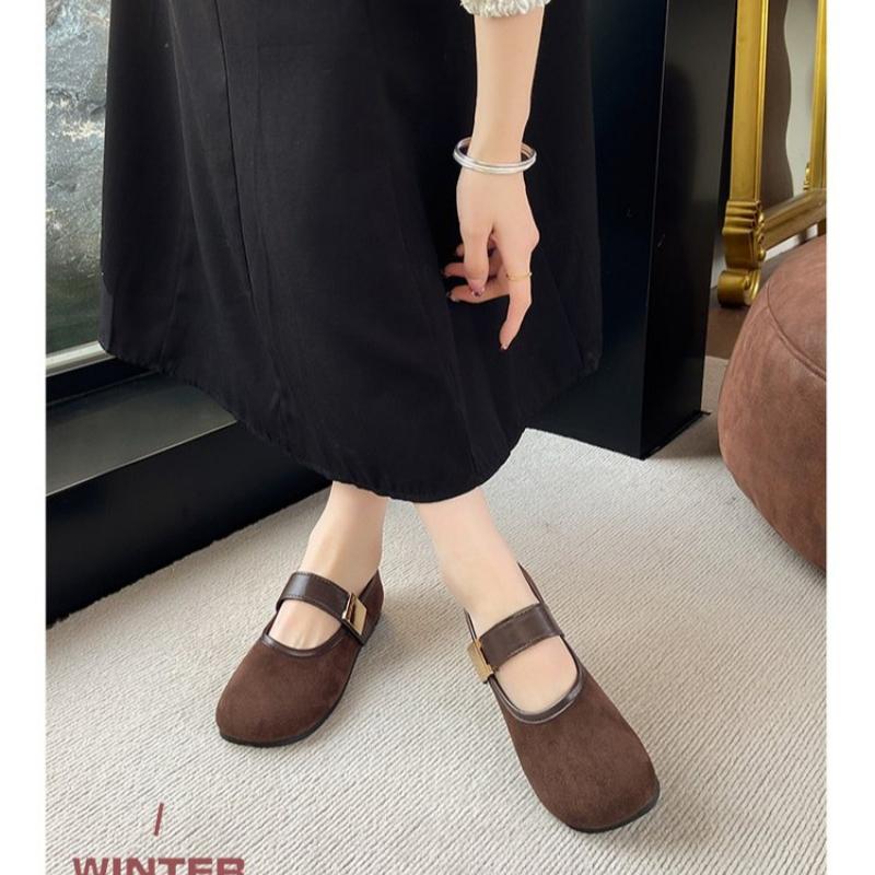 Fashion Women's Felt Mary Janes Shoes Square Toe Ballet Flats for Female New Fashion Buckle Strap Ladies Shoes Spring Autumn