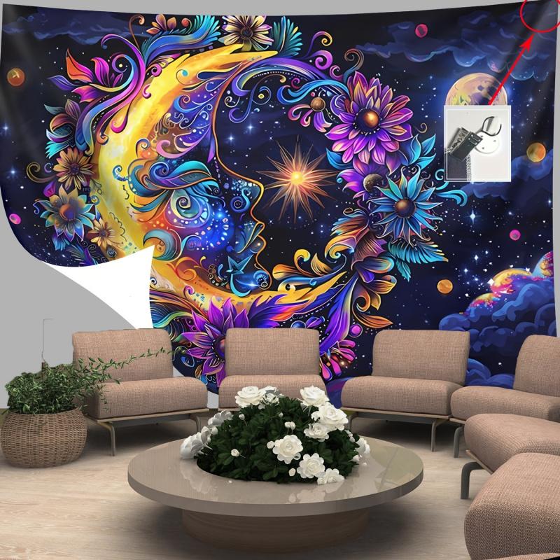 VIKAMA Fantasy Floral Star and Moon Tapestry  Bohemian Style Ideal for Living Rooms Bedrooms and Balconies as Artistic Decor