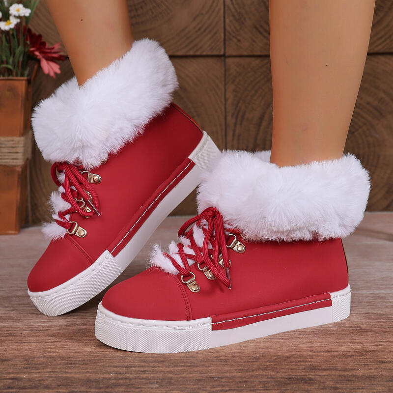 Fashion Lace Up Furry Casual Shoes Women 2025 Winter Warm Short Plush Flat Heel Ankle Boots Fluffy Fur Comfort Non Slip Woman's Sneakers