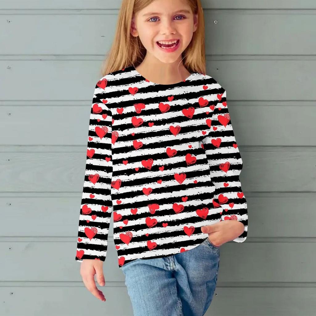 Fashion Children Casual Long Sleeved Letter Heart Pattern 3D Print Tops Funny Style Comfortable Round Neck Pullover Clothing