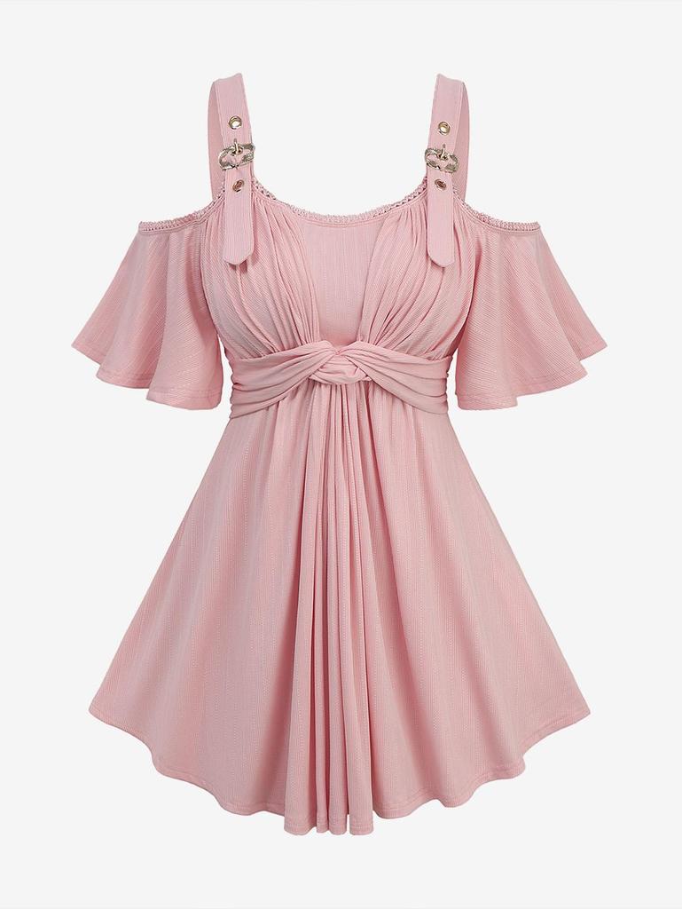 Rosegal Übergröße Twist Jacquard Gerippt Texturiert Spitzenbesatz Schnalle Ösen Kalte Schulter Top