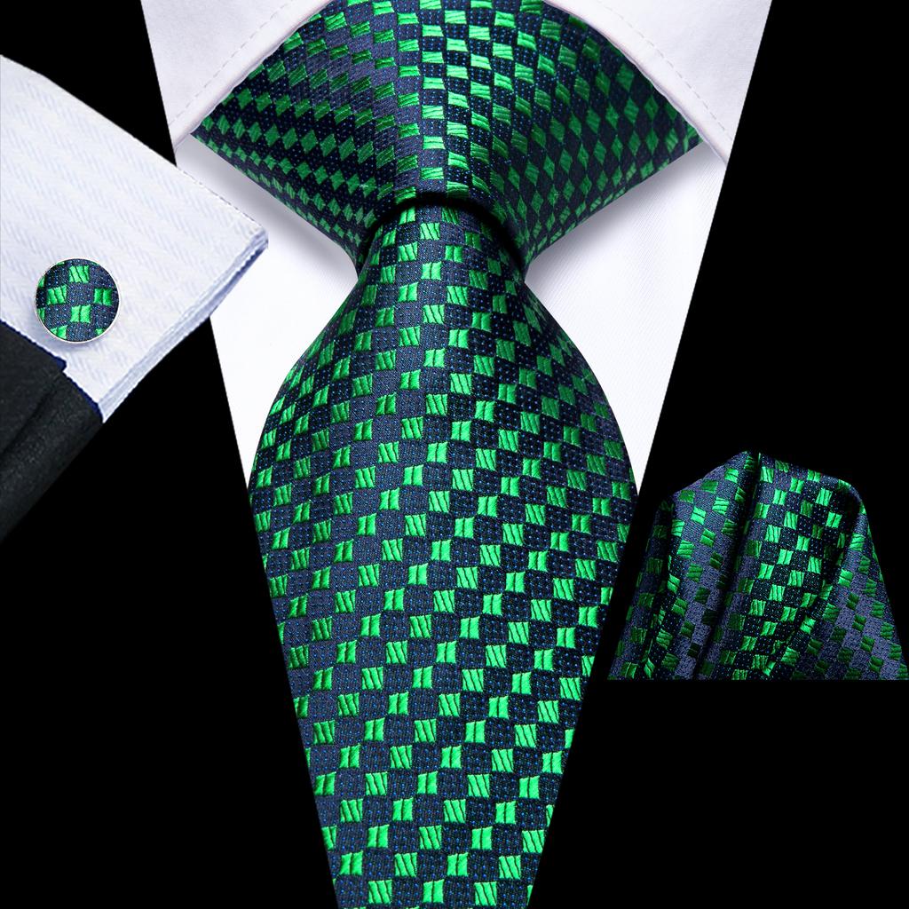 Hi-Tie Dark Green Plaid Jacquard Mens Silk Tie Classic Necktie Cufflink Hanky Set
