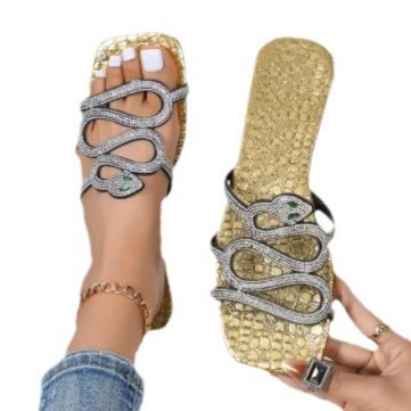 Ladies Slippers New Large Size 44 Summer Mini Snake Rhinestone Slide Flat Bottom Slippers Women