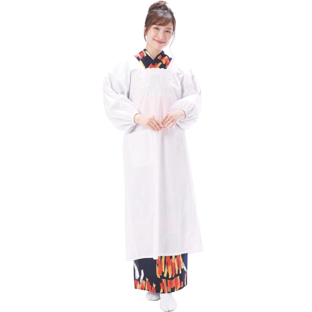Pro japonské sudé kimono dlouhé délky Bavlněná poly zástěra s kapsami a rukávy [Nishiki] Kappogi, Ceremoniální, Formální, Bílá, Oblečení,