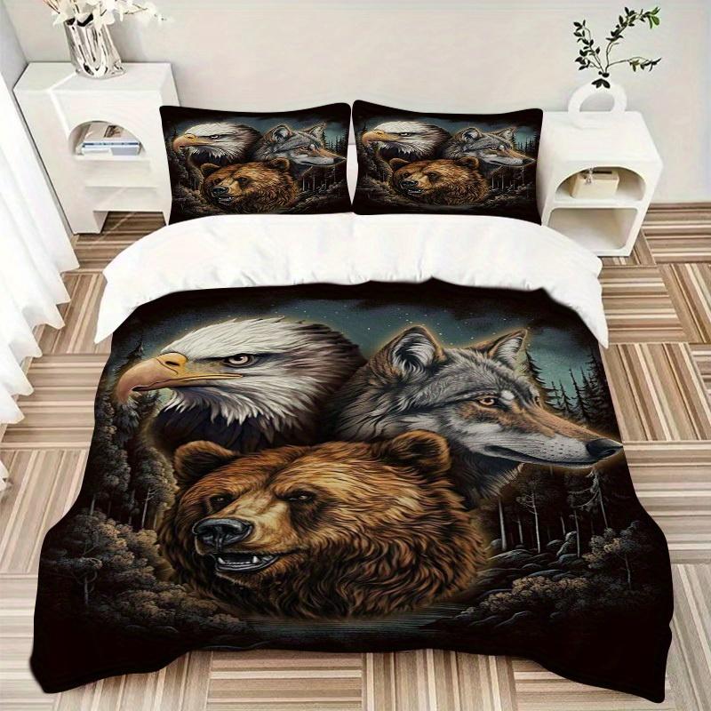 

3pcs Eagle Wolf Bear Bedding Set Down Comforter Cover and Pillowcases, Suitable for Guest Room Home Decoration All Seasons(No Insert) S0819023 135x200cm