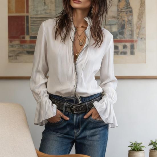 Women's Vintage Full Zipper Blouse Ruffle Cuff Long Sleeve Stand Collar Shirts Retro Casual Going Out Tops