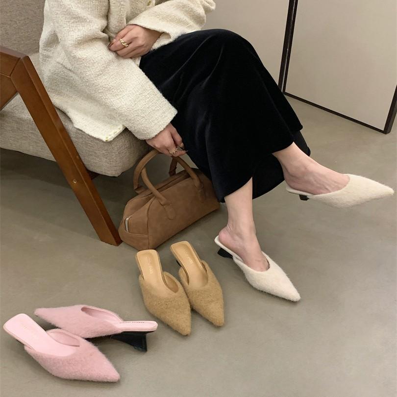 Suede Muller shoes autumn and winter special-shaped heel autumn and winter fluffy slippers women's outer wear bag head rabbit hair warm French sma
