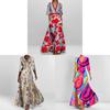 Elegant V Neck Print Pleated Long Dress For Women With Polyester Fabric And Office Style