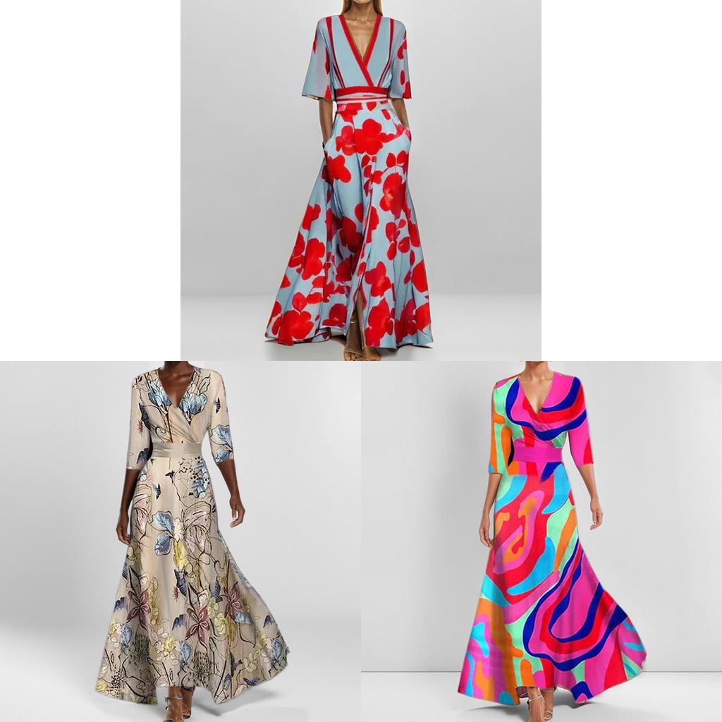 Elegant V Neck Print Pleated Long Dress For Women With Polyester Fabric And Office Style