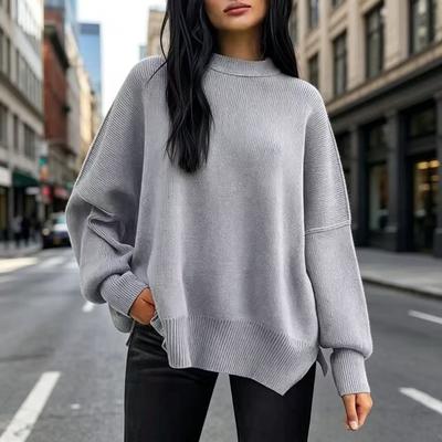 Women's Crew Neck Sweater Loose Solid Color Pullover Sweater Split Sweater Autumn Winter
