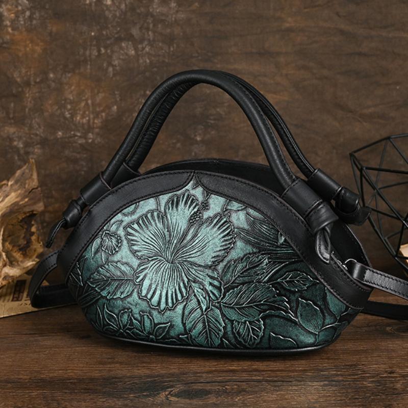 Johnature Retro ručně malovaná pravá kůže embosovaná dámská taška Univerzální tašky přes rameno a crossbody z hovězí kůže