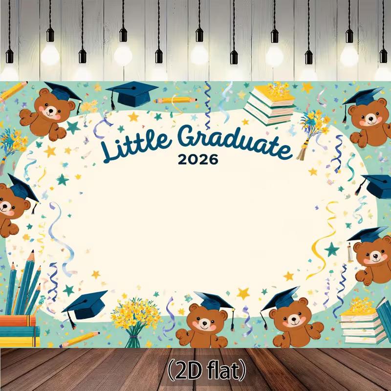 

2D Little Graduate 2026 2D Flat Banner, Cute Bear & School Supplies Background 47.2x31.5inch/120*80cm