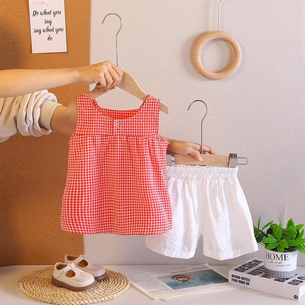 Girls' Houndstooth Summer Camisole & Cardigan Set with Lace Collar (2026 Korean Style)