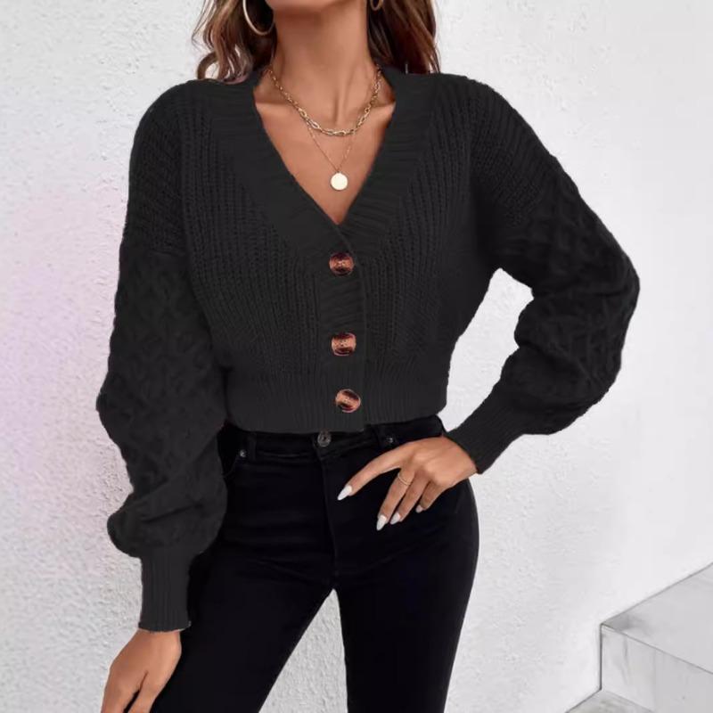 V Neck Single Breasted Drop Shoulder Solid Knit Cardigan