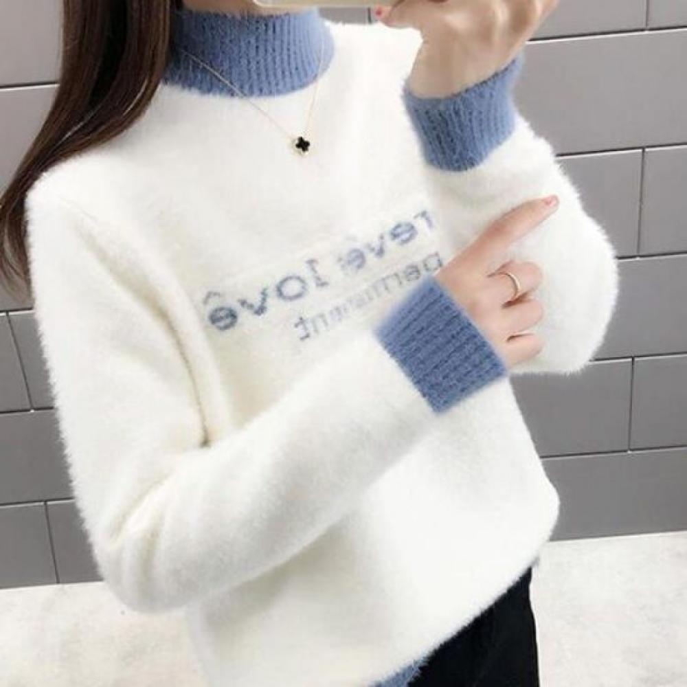 Navava Mock Neck Warm LeTTering Color Block Angora Long Sleeve KniT T shirT Nk