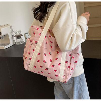 Fashion Women's Handbag Versatile Shoulder Bag Corduroy Strawberry Printed Shopping Commuter Ladies Underarm Bag