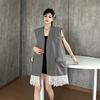 High Sense Grey Sleeveless Blazer Vest for Women Summer Lace Patchwork V Neck Tank Top Layered Outerwear Waistcoat