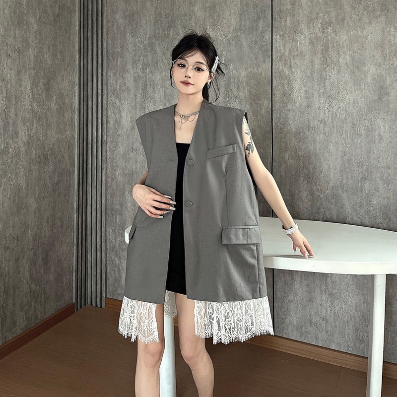 High Sense Grey Sleeveless Blazer Vest for Women Summer Lace Patchwork V Neck Tank Top Layered Outerwear Waistcoat