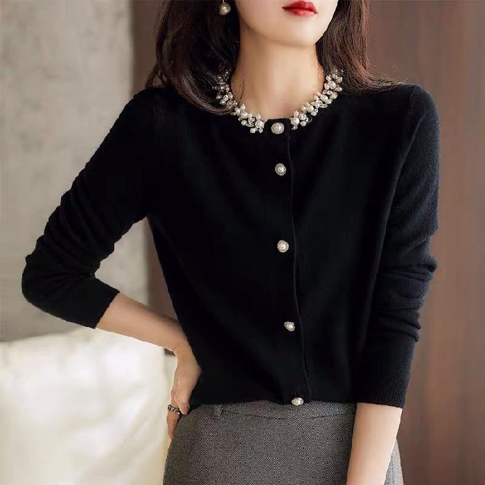 Women's Black Hand-Beaded Patchwork Long Sleeve Sweater Coat - Spring/Autumn 2026 Elegant Knitwear