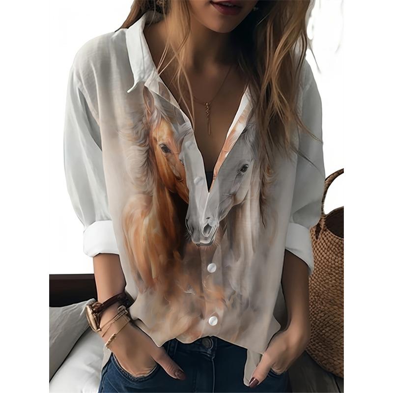 Large Size Lapel Women's Shirts Butterfly Pattern Women's Button Down Shirts Fashionable Women's Temperament Women's Shirts