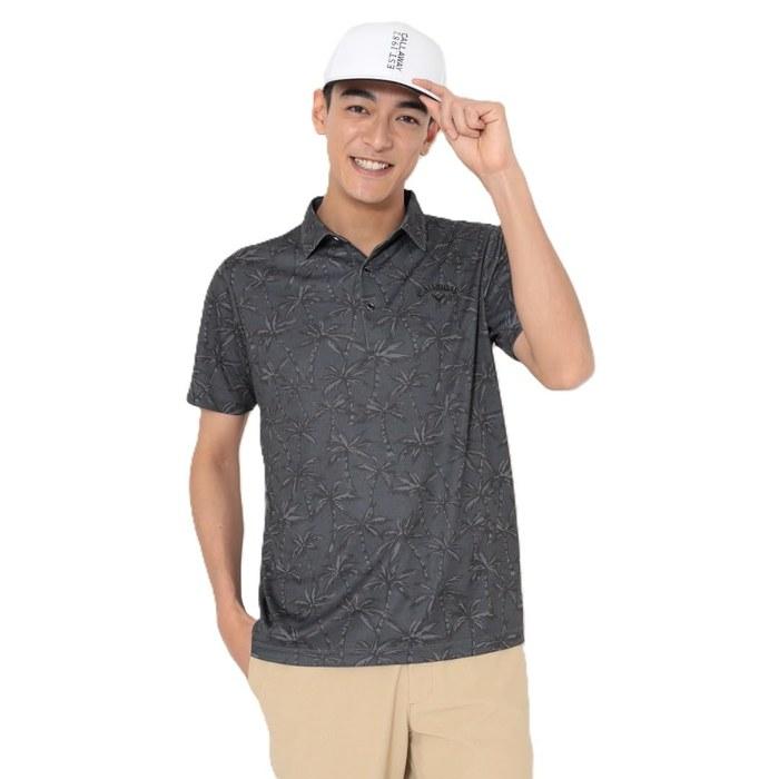 Callaway Polo Shirt C26134121 -3℃ Cool, Sweat-Wicking, UV-Cut, Palm Tree Pattern, Men s, Black, LL