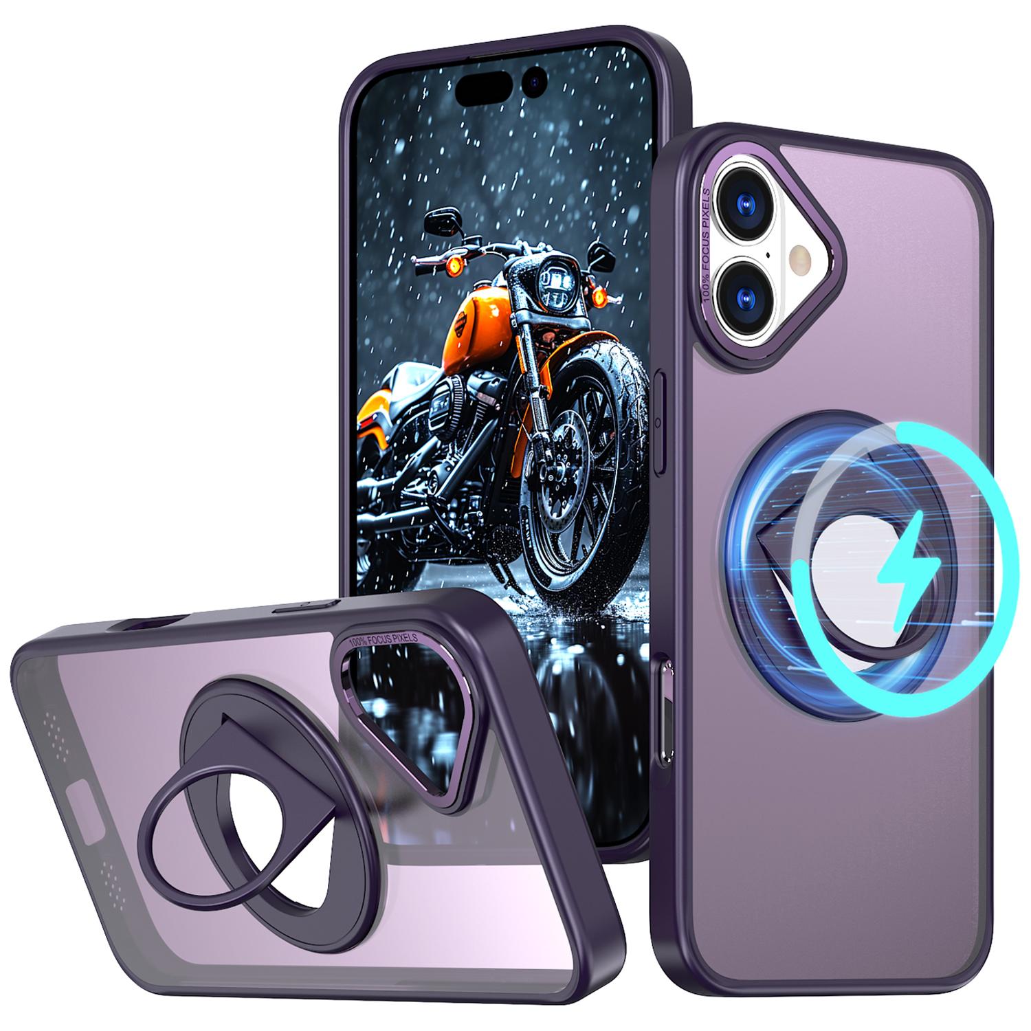 

Прозрачный чехол для iPhone 16 Plus с вращающейся подставкой, TPU+PC, чехол для телефона, совместимый с MagSafe Purple