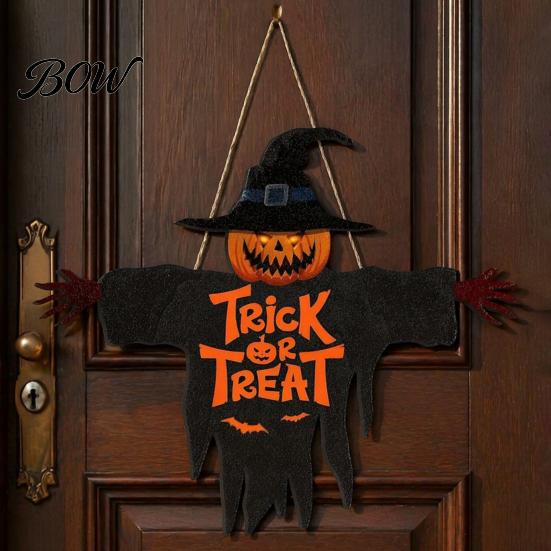 Wooden Trick or Treat Plaque Halloween Hanging Door Sign, Scarecrow Pumpkin Wizard Ornament, Sign Plaque, Rustic Party Wall Hanger, Spooky Gift Wood